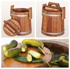 two pictures show the process of making pickles in a wooden barrel and another photo shows how to make pickles