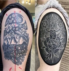 two men with tattoos on their arms, one has a skull and the other has flowers