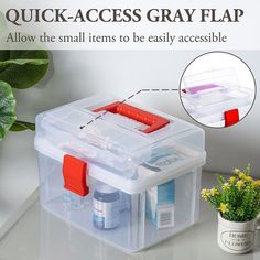 an image of a clear storage box with lid and latches on the side, labeled quick access gray flap