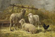 a painting of sheep and chickens by a fence