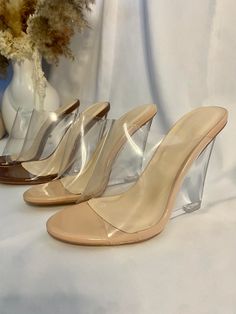 DETAILS -Slip on -Clear Front -Clear Wedge Style Heel Clear Wedges, Block Heel Mule, Shoes Outfit Fashion, Shoes Outfit, Wedges Style, Clear Heels, Transparent Design, Sleek Look, Morning Quotes