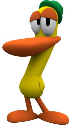 a cartoon duck with an orange beak and green hat, standing in front of a white background