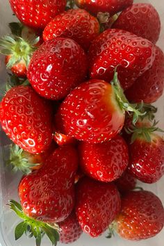 a plastic container filled with lots of ripe strawberries