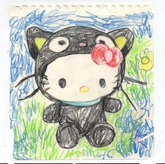 a child's drawing of a hello kitty with an apple on its nose and eyes