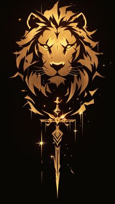 a lion's head is shown with stars and sparkles in the dark background