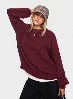 Sweater Knit material, round neckline, ruched at neckline, hem & cuffs, oversized fitting Non-stretch material, unlined 100% polyester Cold gentle machine wash Off The Shoulder Red Sweater, Fall Clothing Outfits, Berry Sweater, Clothing Outfits, Fall Clothing, Burgundy Sweater, Cozy Sweater, Sweater Knit, Knitting Materials