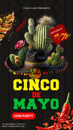 the cinco de mayo party flyer is shown with cactuses and mexican hats on it