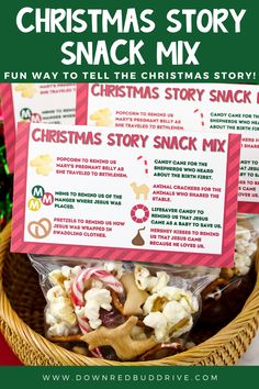 christmas story snack mix in a wicker basket with the text, christmas story snack mix fun way to tell the christmas story