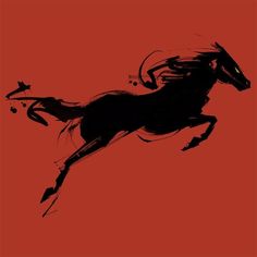 a drawing of a black horse on a red background