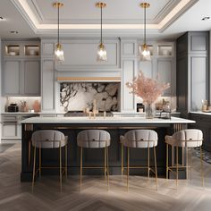 an elegant kitchen with marble counter tops and gold bar stools