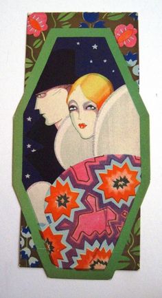 an altered photograph of a woman with flowers and stars on her face, in a green hexagonal frame