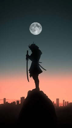 the silhouette of a person holding a knife on top of a hill at night with a full moon in the background