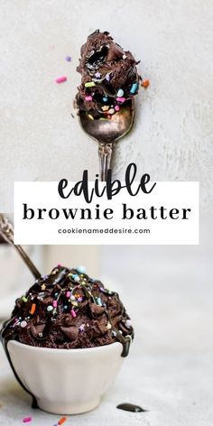 a bowl filled with chocolate ice cream and sprinkles next to a spoon