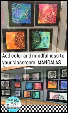 an advertisement for art class with pictures on the wall and text that reads, add color and mindfulness to your classroom mandals