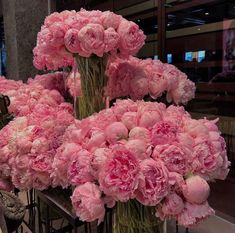 pink carnations are arranged in vases on display at a flower shop,