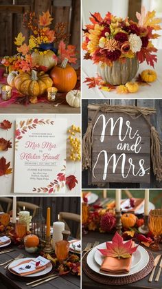 a collage of photos with pumpkins, leaves and other decorations on it's table