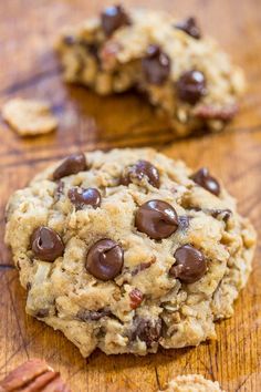 a close up of a cookie on a wooden table with text overlay that reads weight watchers cowboy cookies