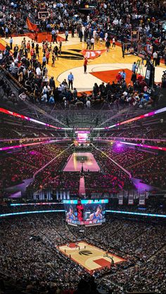 an aerial view of a basketball court with fans in the stands and on the floor