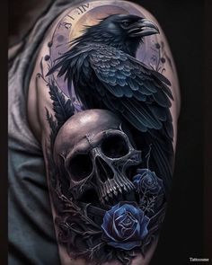 a black bird sitting on top of a skull next to a rose and a clock