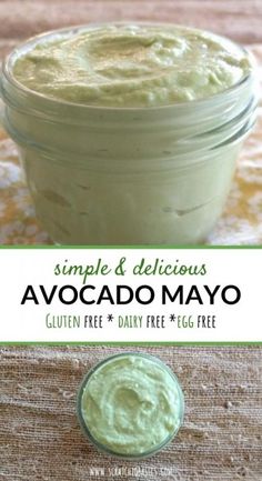 a jar filled with avocado mayo next to a small bowl full of mayo