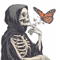 a skeleton with a butterfly on its nose