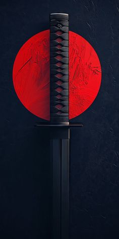 a red and black object on a stand in front of a dark wall with a circular design