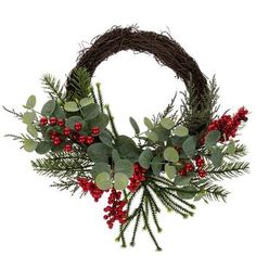 a wreath with red berries and green leaves