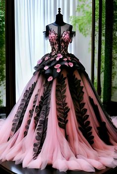 Black And Pink Dress Formal, Pink And Black Dress Ball Gowns, Black And Pink Wedding Dress, Black And Pink Gown, Pink Fantasy Dress, Black And Pink Dress, Bridal Women