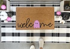 Pink Ghost Door Mat for Halloween Ghost Door, Clever Halloween, Weathered Paint, Pink Ghost, Cute Decor, Layered Rugs, Custom Doormat, Pink Halloween, Halloween Theme