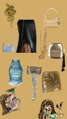 several different types of women's clothing and accessories on a beige background with gold accents