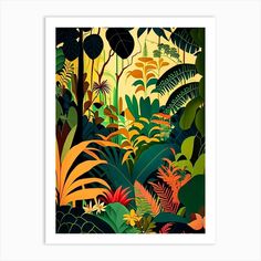 an art print of tropical plants and trees