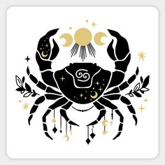 a black and white crab with gold stars on it's chest, sitting in front of the moon