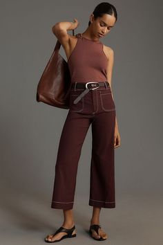 The Colette Cropped Wide-Leg Pants by Maeve: Contrast-Stitch Edition Cropped Pants Outfit, Corset Pants, Flattering Pants, Cap Sleeve Shirt, Sleeveless Wrap Dress, Cropped Wide Leg Pants, Cropped Cardigan Sweater, Stylish Pants, Flowy Maxi Dress