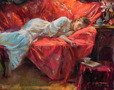 a painting of a woman sleeping on a red couch