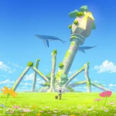 an animated image of a man standing in front of a giant structure with two birds flying over it