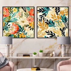 two paintings on the wall in a living room