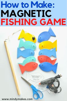 how to make magnetic fishing game for kids with paper fish, scissors and glue on white background