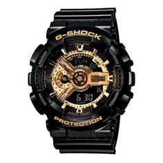 With yellow-gold-tone accents on the black dial, this G-SHOCK men's watch keeps you in charge of time with world time in 29 cities, alarm features, calendar window, stopwatch, elapsed time, lap and split time, and countdown features. A mineral crystal tops the 48mm black rubber case, while the black rubber and resin strap secures with a buckle. Resistant to shock and magnetism, with water-resistance to 200 meters, this dual-display watch features a quartz movement. Movement Fashion, Black And Gold Watch, G Shock Men, G Shock Black, Casio G Shock Watches, Mens Chronograph, Watch Luxury, Gold Watch Men, Chronograph Watch Men