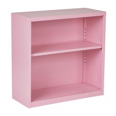 a pink bookcase with two shelves on each side and one shelf above the other