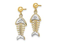 14K Two-tone Gold fishbone dangle earrings. Measure approximately 15/16" L x 5/16" W and have post and push back closure. Ring Spacer, School Jewelry, Beading Tools, Popular Jewelry, Fish Bone, Womens Glasses, Jewelry Maker, Strand Necklace, Turquoise Jewelry