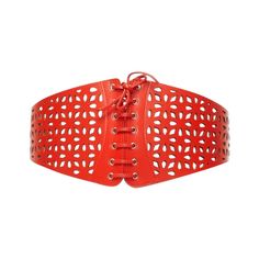 AZZEDINE ALAIA red laser cut leather laced corset waist belt 70cm Reference: BSHW/A00138 Brand: Alaia Designer: Azzedine Alaia Material: Leather Color: Red Pattern: Solid Closure: Belt Lining: Beige Leather Extra Details: Belt buckle closure back. Made in: Italy CONDITION: Condition: Unworn in mint condition, with tags. Micro dent at front and micro dirt at inside of belt. Comes with: Style code present (Generic) Designer tags. Order will NOT be shipped with original box, but the original box is available if shipping cost is paid separately. Please contact us directly to get a shipping quote with box. SIZING Designer size: 70 Size reference: Size 70 / Pant Size 26 / 28 / 70cm MEASUREMENTS: Smallest hole: 69cm / 26.9" Mid hole: 71cm / 27.7" Largest hole: 74cm / 28.9" Full length: 81cm / 31. Corset Waist Belt, Cher Horowitz, Corset Waist, Laser Cut Leather, Azzedine Alaia, Corset Lace, Christy Turlington, Miuccia Prada, Lace Corset