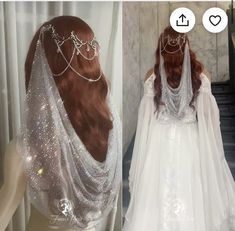 two pictures of a woman wearing a wedding dress and veil with beads on the head