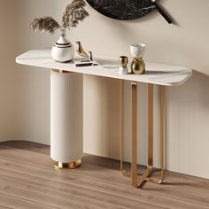 a table with two vases and a clock on the wall