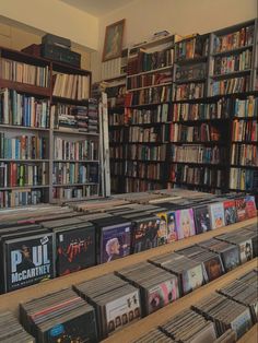 there are many cd's on the shelves in this room and one is full of them