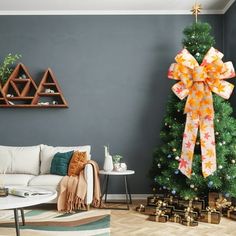 a living room with a christmas tree and presents