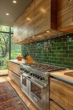 a stove top oven sitting inside of a kitchen next to wooden cabinets and counter tops