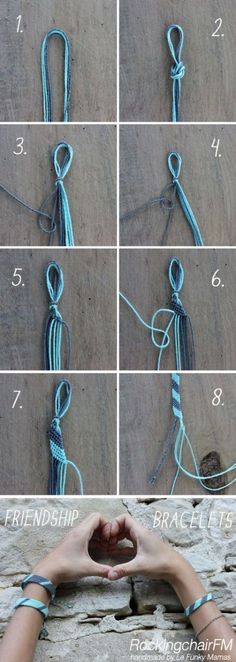 instructions to make a bracelet with rope and beads on the outside, including two hands