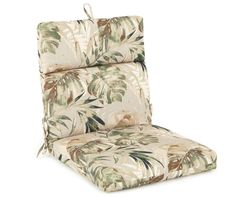 an outdoor chair cushion with palm leaves on it's back and seat padding