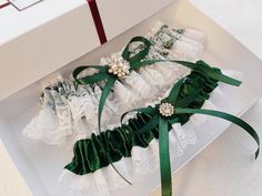 "Emerald Dark Green Garter Set, Lace Bridal Garter, Dark Green Wedding Garter For Bride, Garter Belt For Wedding, Prom Leg Garter Make your wedding day even more special with this two piece bridal garter set. Using a tape measure, simply measure around your thigh in the spot where you will be wearing the garter (usually about 4\" above your knee). Use that measurement as a guide to select the correct size for your garter. Please measure your thigh carefully to select the correct size. All garter Bride Green Accessories, Wedding Nails For Bride Emerald Green, Dark Green Wedding Veil, Emerald Green Garter, Viking Wedding Garter, Emerald Green Wedding Garter, Emerald Green Garter Bridal, Green Wedding Garter, Green Garter