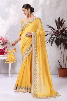 Buy mustard yellow saree online in USA with embroidered border and matching blouse. Flaunt Indian style at parties and weddings in beautiful designer sarees, embroidered sarees, silk sarees, handloom sarees from Pure Elegance Indian fashion store in USA.-full view Mustard Yellow Saree, Yellow Saree, Indian Style